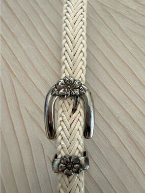 Brighton Cream Braided Leather Belt with Silver Floral Buckle